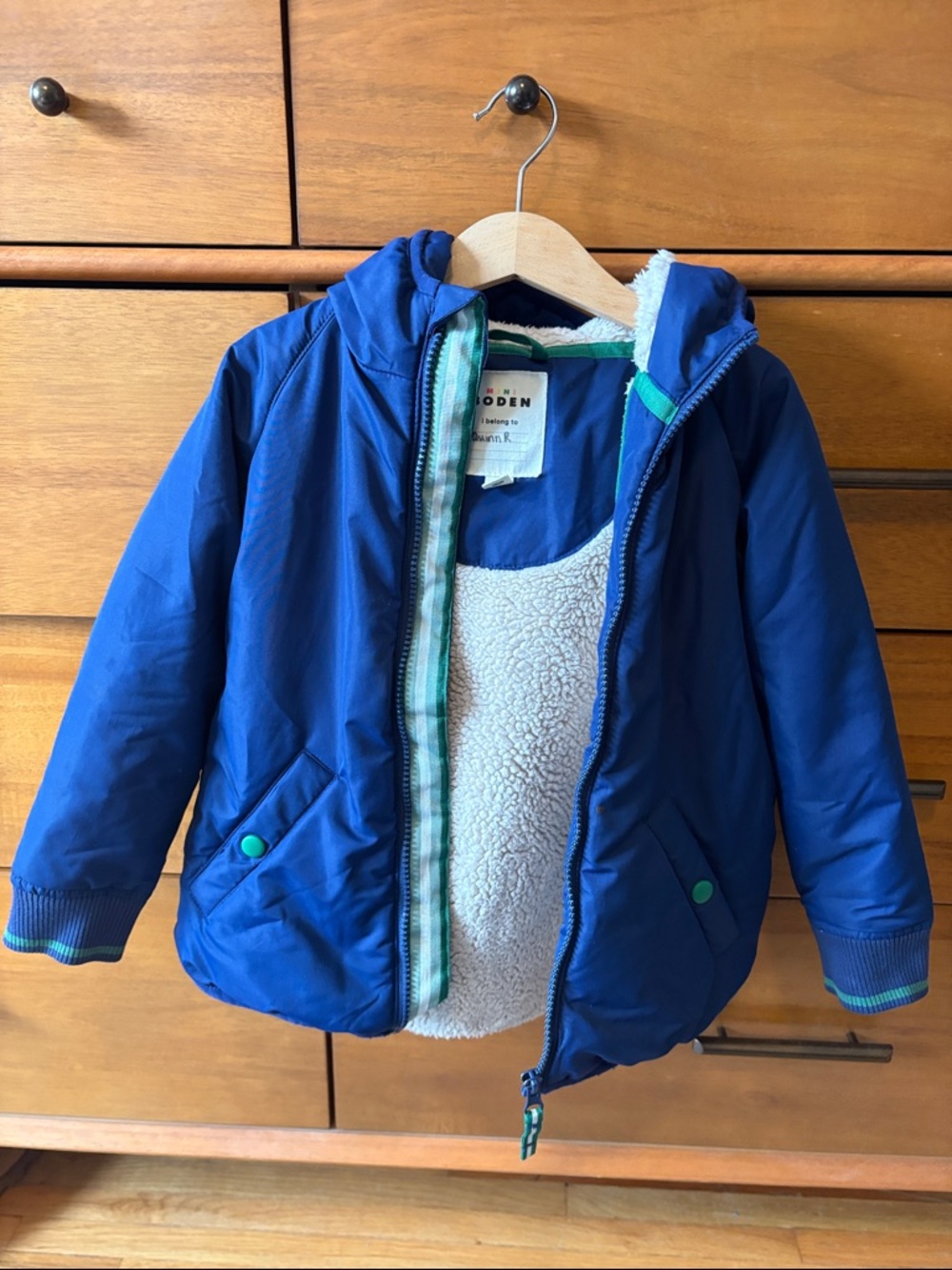 Mini Boden Royal Blue Hooded Puffer Jacket with Sherpa Lining